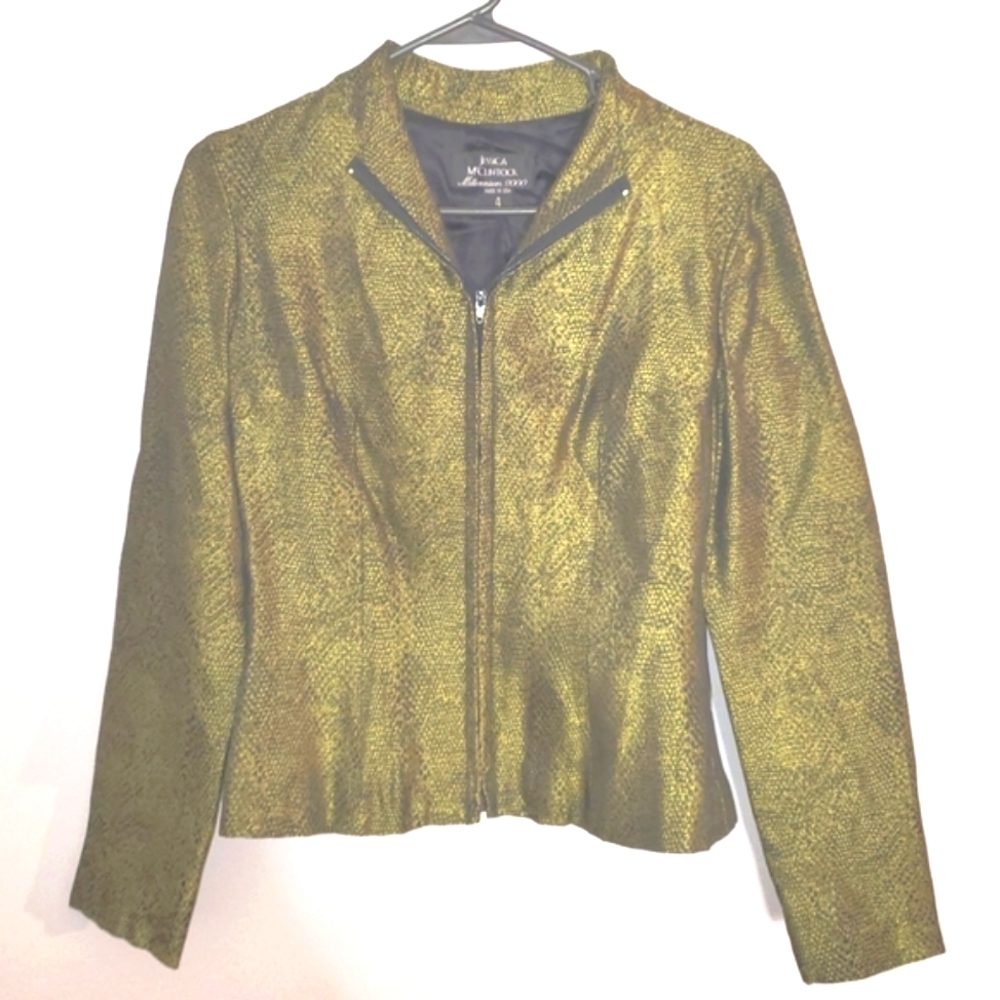 Jessica McClintock Cropped Vintage Jacket Green Black 4 Iridescent Y2K Shiny